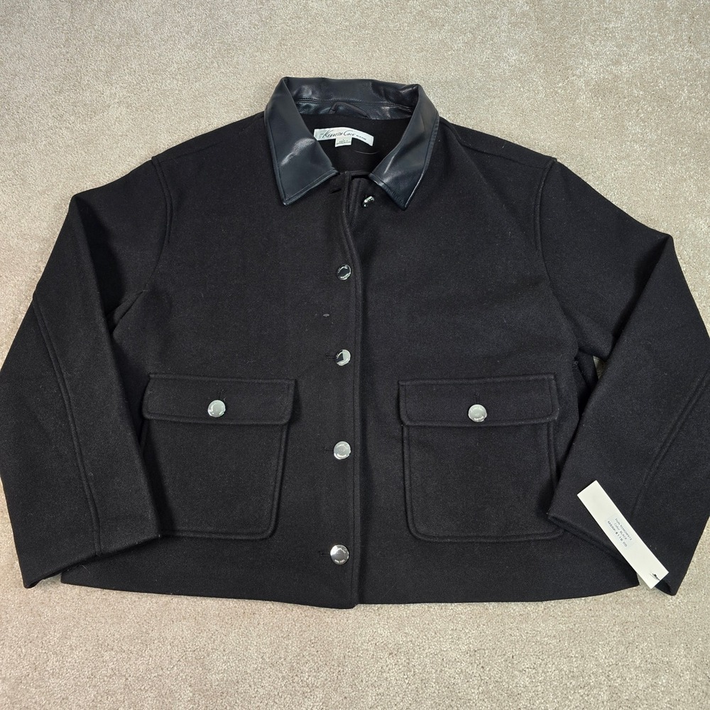Kenneth Cole New York Black Faux Leather Collar Cropped Jacket Women's Size L